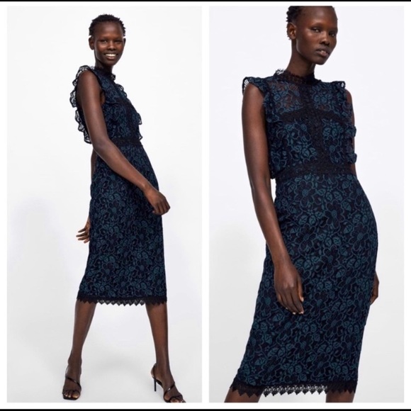 Zara blue and black lace dress Sz M - Picture 3 of 15